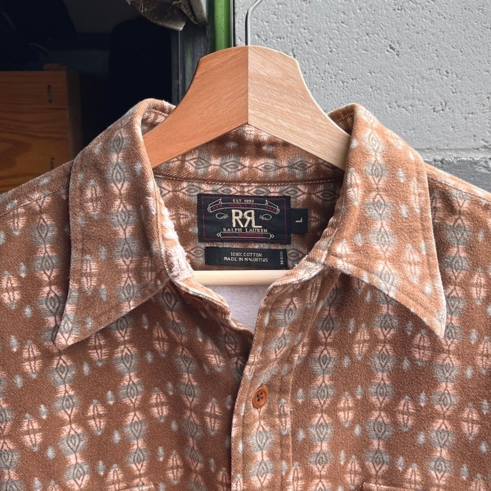 RRL Ralph Lauren Mens Large Southwestern Flannel Workshirt Brown Aztec Cotton